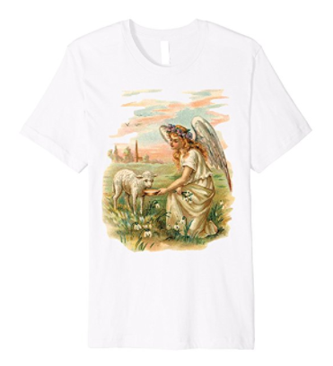 Unisex Cotton Tee T-shirt with Antique Angel Feeding a Lamb Art Print