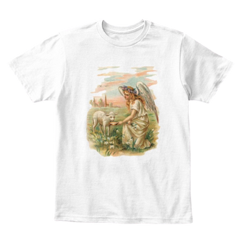 Mythic Art Clothing Kids Cotton Tee Classic T-Shirt with Antique Angel Feeding a Lamb White Front