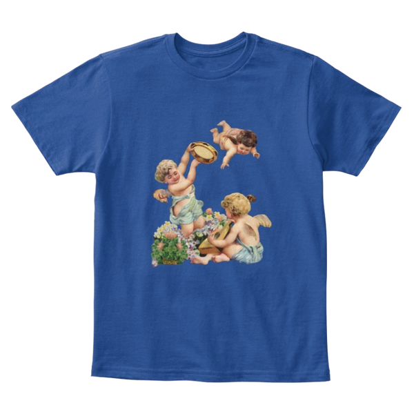 Mythic Art Clothing Kids Cotton Tee Classic T-Shirt with Cherubs Playing Music Art Print Deep Royal Front