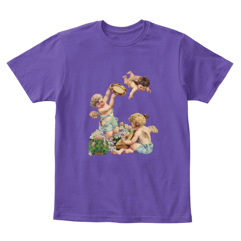 Mythic Art Clothing Kids Cotton Tee Classic T-Shirt with Cherubs Playing Music Art Print Purple Front