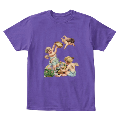 Mythic Art Clothing Kids Cotton Tee Classic T-Shirt with Cherubs Playing Music Art Print Purple Front