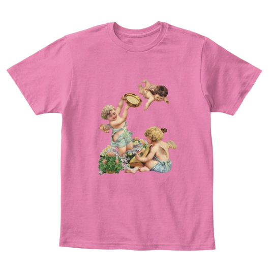 Mythic Art Clothing Kids Cotton Tee Classic T-Shirt with Cherubs Playing Music Art Print True Pink Front