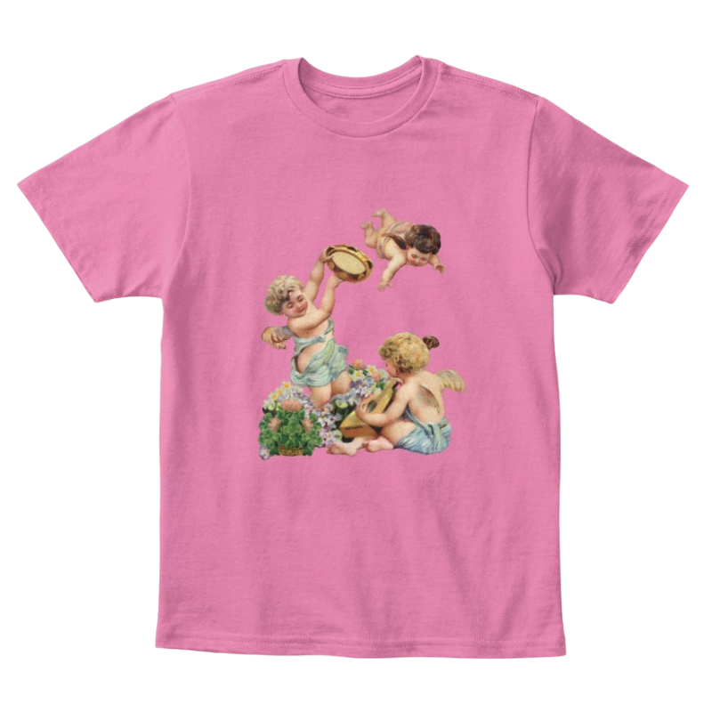Mythic Art Clothing Kids Cotton Tee Classic T-Shirt with Cherubs Playing Music Art Print True Pink Front
