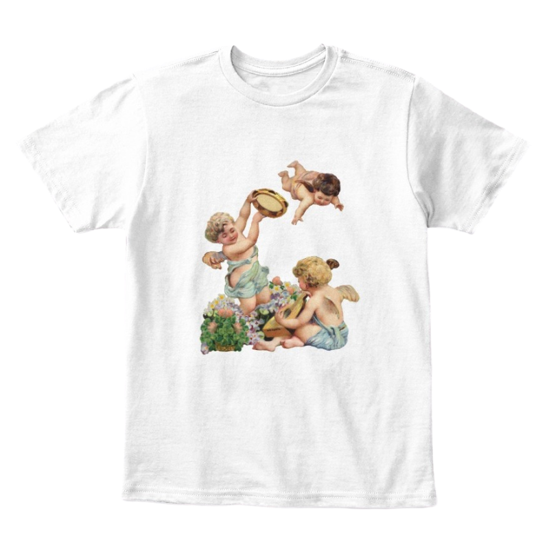 Mythic Art Clothing Kids Cotton Tee Classic T-Shirt with Cherubs Playing Music Art Print White Front