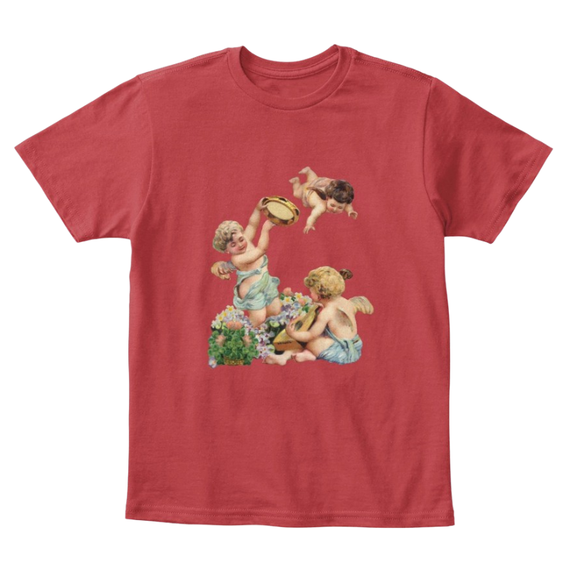 Mythic Art Clothing Kids Cotton Tee Classic T-Shirt with Cherubs Playing Music Art Print Classic Red Front