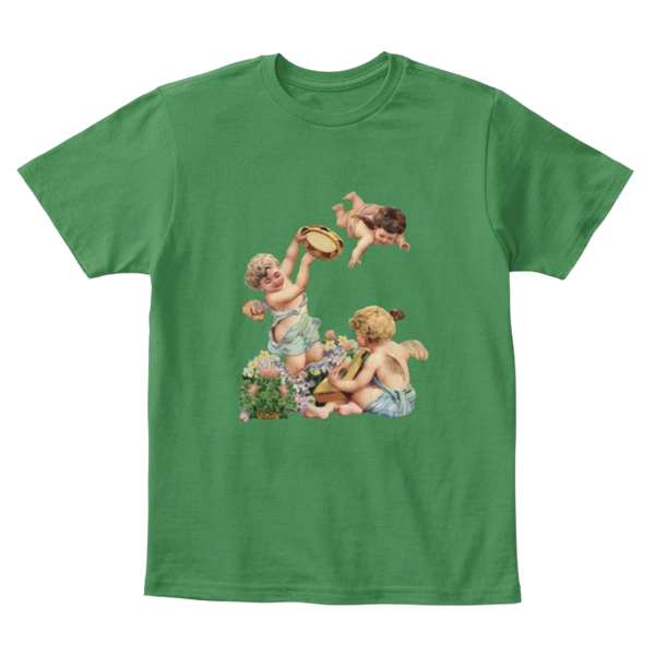 Mythic Art Clothing Kids Kids Cotton Tee Classic T-Shirt with Cherubs Playing Music Art Print Kelly Green Front