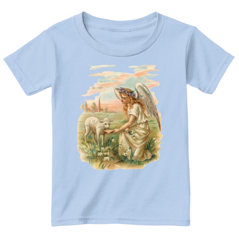 Mythic Art Clothing Toddler Classic Cotton Tee Angel Feeding a Lamb Print Light Blue Front