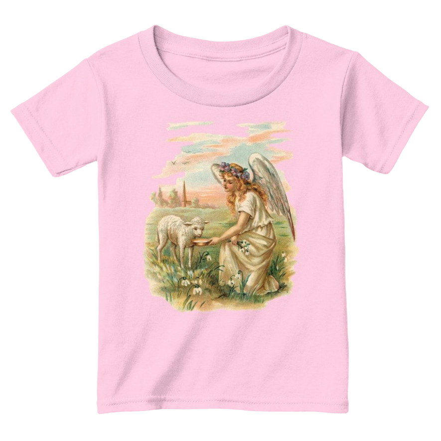 Mythic Art Clothing Toddler Classic Cotton Tee Angel Feeding a Lamb Print Light Pink Front
