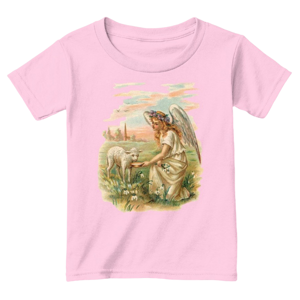 Mythic Art Clothing Toddler Classic Cotton Tee Angel Feeding a Lamb Print Light Pink Front