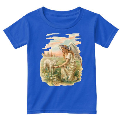 Mythic Art Clothing Toddler Classic Cotton Tee Angel Feeding a Lamb Print Royal Front