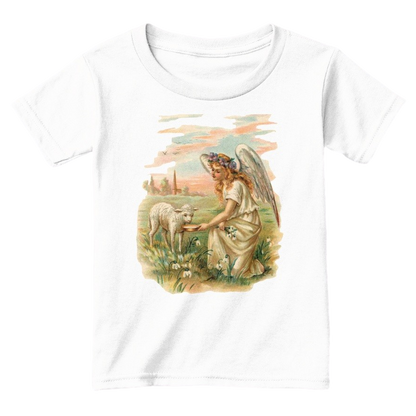Mythic Art Clothing Toddler Classic Cotton Tee Angel Feeding a Lamb Print White Front