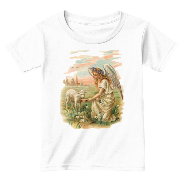 Mythic Art Clothing Toddler Classic Cotton Tee Angel Feeding a Lamb Print White Front