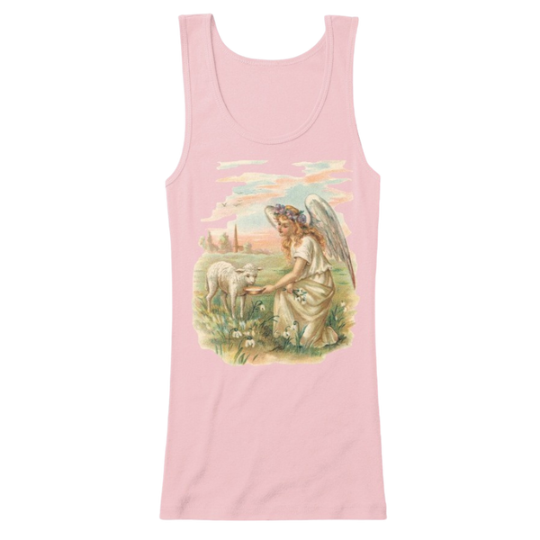 Mythic_Art_Clothing Womens Cotton Tank Top with Antique Angel Feeding a Lamb Soft Pink Front