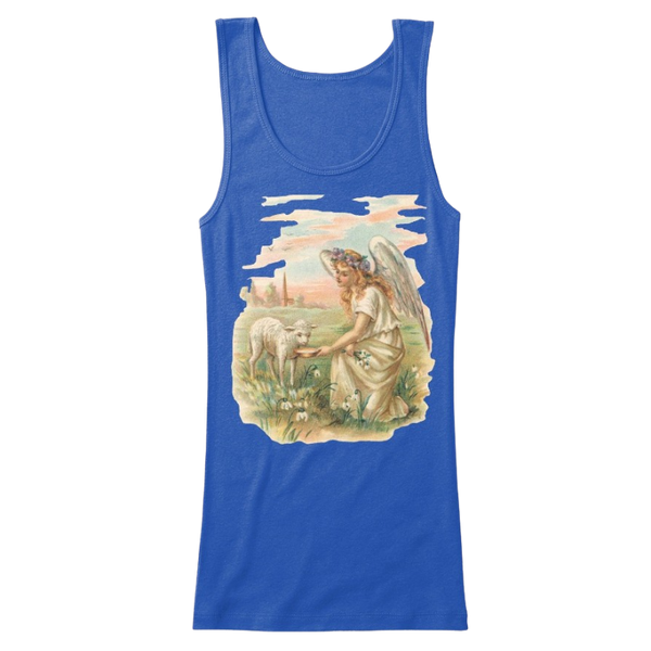 Mythic_Art_Clothing Womens Cotton Tank Top with Antique Angel Feeding a Lamb True Royal Front