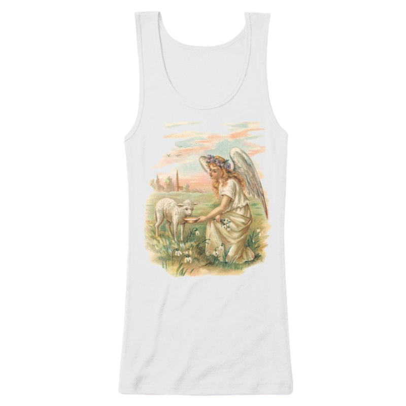 Mythic Art Clothing Womens Cotton Tank Top with Antique Angel Feeding a Lamb White Front
