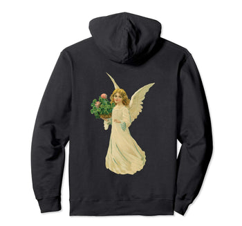 Pullover Hoodie Sweatshirt with Angel and Clover Black
