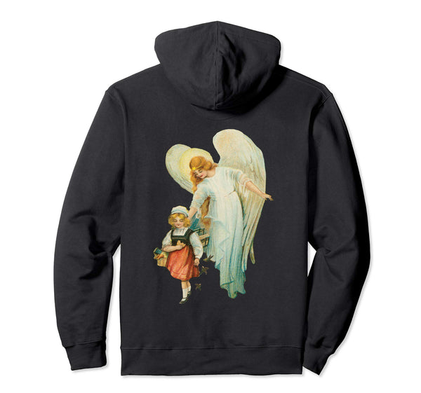 Pullover Hoodie Sweatshirt with Guardian Angel and Girl Black