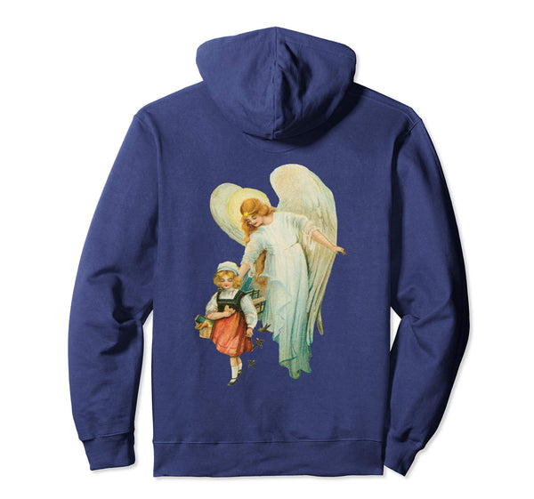 Pullover Hoodie Sweatshirt with Guardian Angel and Girl Navy