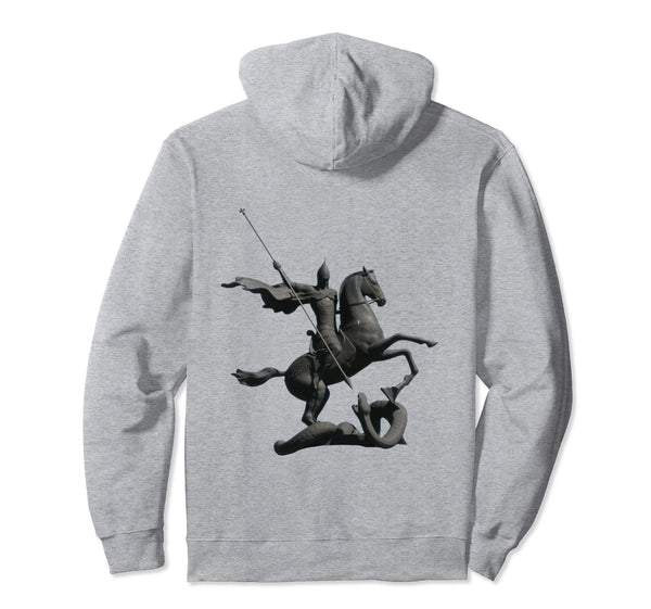 Pullover Hoodie Sweatshirt with Saint George and the Dragon Grey