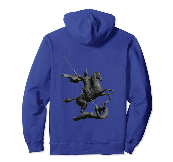 Pullover Hoodie Sweatshirt with Saint George and the Dragon Royal Blue