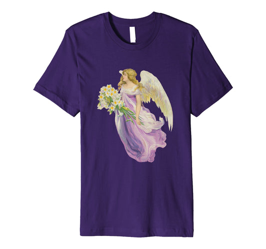 Unisex Cotton Tee Premium T-shirt Angel in Purple with Lilies Art