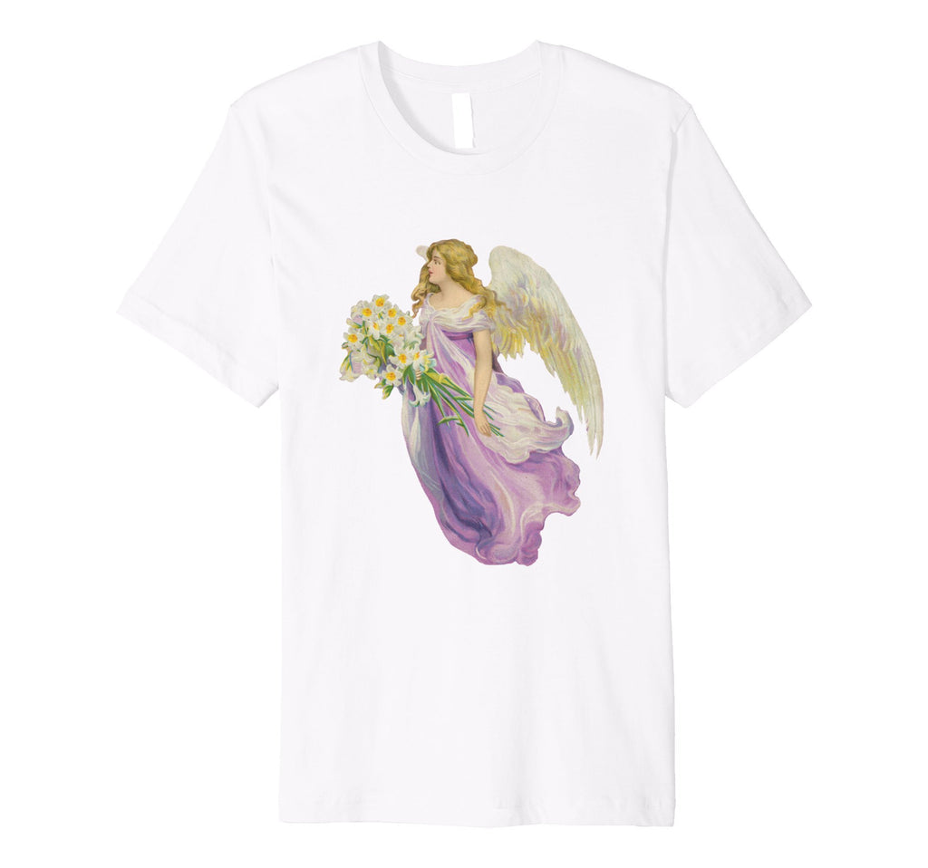 Unisex Cotton Tee Premium T-shirt Angel in Purple with Lilies Art