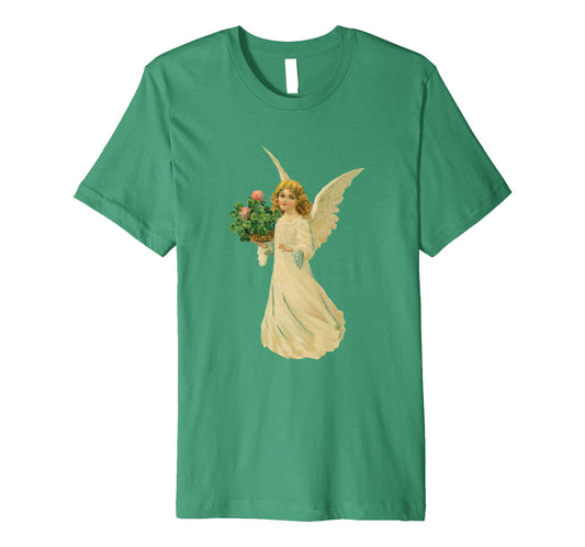 Unisex Cotton Tee Premium T-shirt Angel with Clover Green