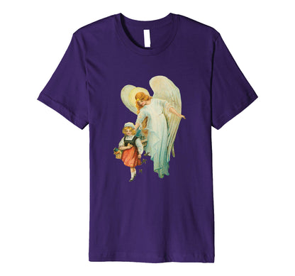 Unisex Cotton Tee Premium T-shirt Guardian Angel with Girl Purple