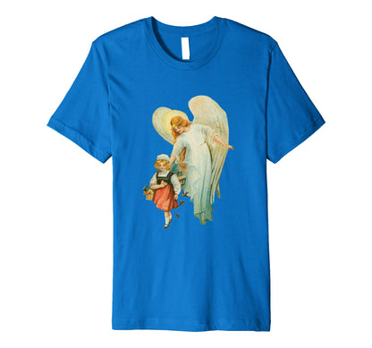 Unisex Cotton Tee Premium T-shirt Guardian Angel with Girl Royal Blue