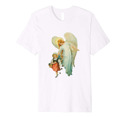 Unisex Cotton Tee Premium T-shirt Guardian Angel with Girl White