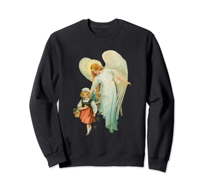 Unisex Crewneck Sweatshirt Guardian Angel with Girl Black