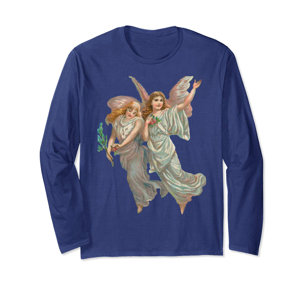 Unisex Long Sleeve T-Shirt Heavenly Angel Art in Navy Blue