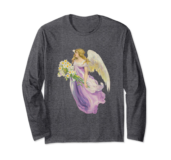 Unisex Long Sleeve T-Shirt Angel in Purple with Lilies Grey