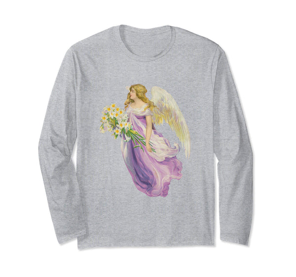 Unisex Long Sleeve T-Shirt Angel in Purple with Lilies Heather Grey