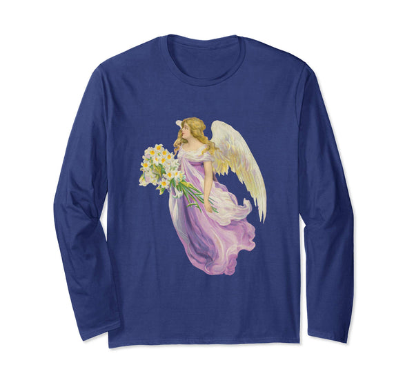 Unisex Long Sleeve T-Shirt Angel in Purple with Lilies Navy