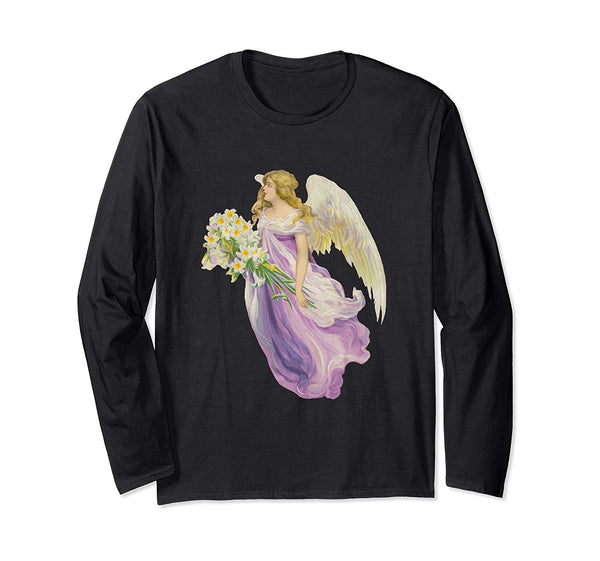 Unisex Long Sleeve T-Shirt Angel in Purple with Lilies Black