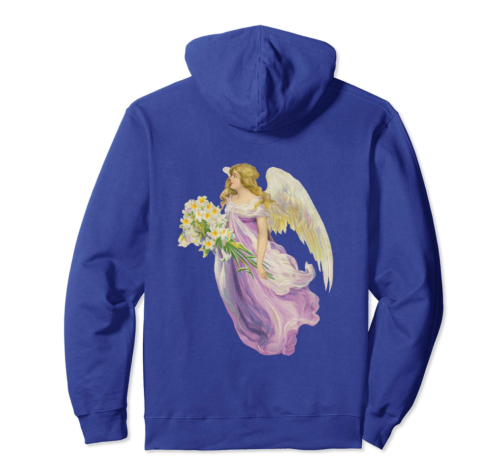 Unisex Pullover Hoodie Sweatshirt with Purple Angel and Lilies Royal Blue