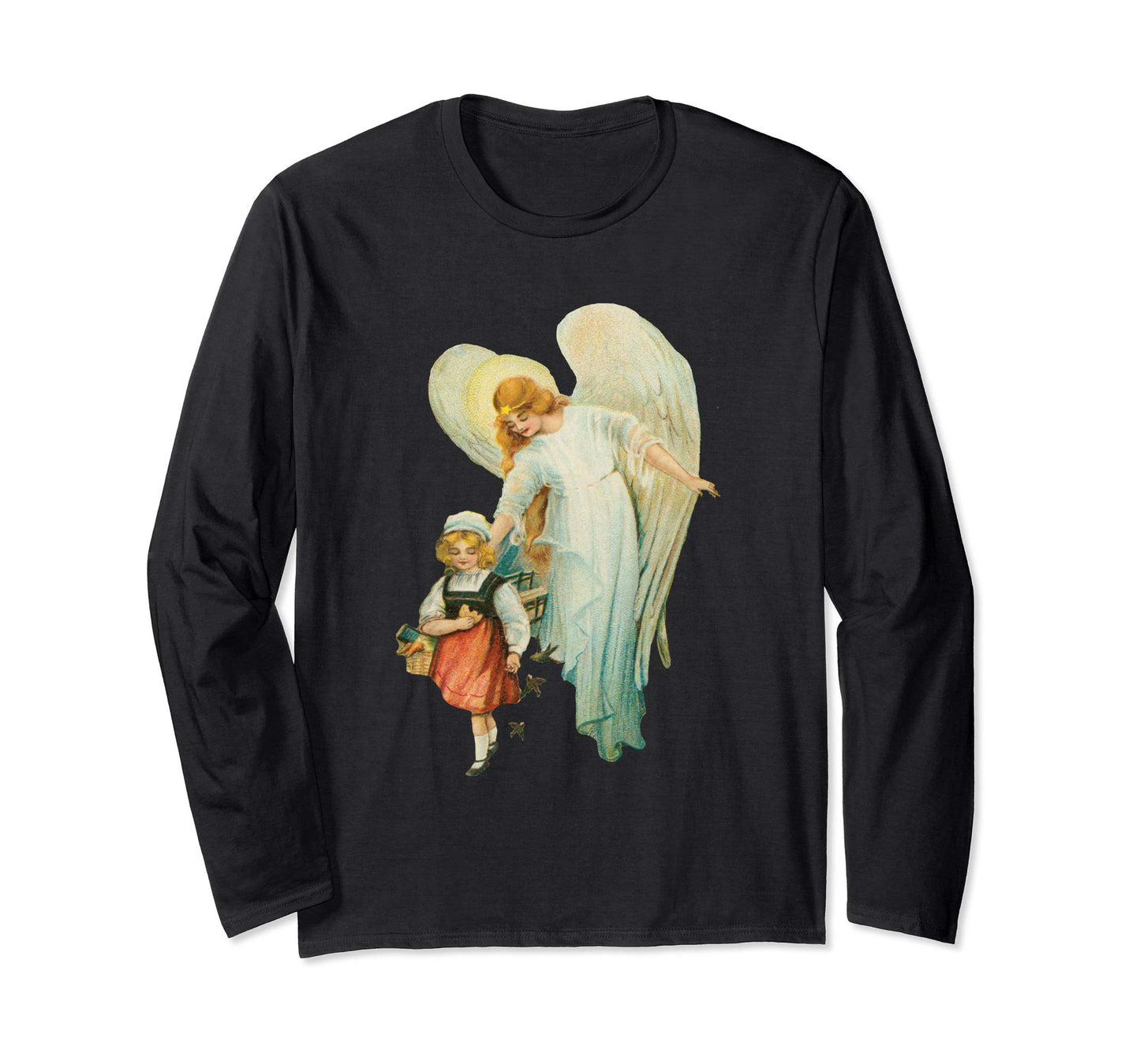 Unisex Long Sleeve T-Shirt Guardian Angel with Girl Black