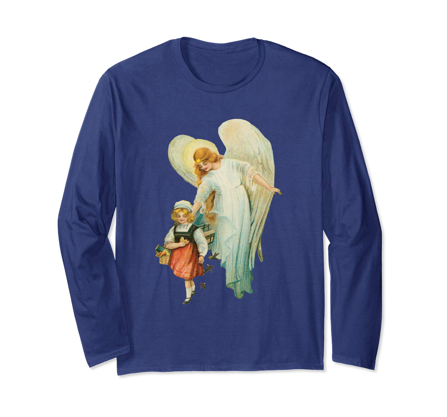 Unisex Long Sleeve T-Shirt Guardian Angel with Girl Navy