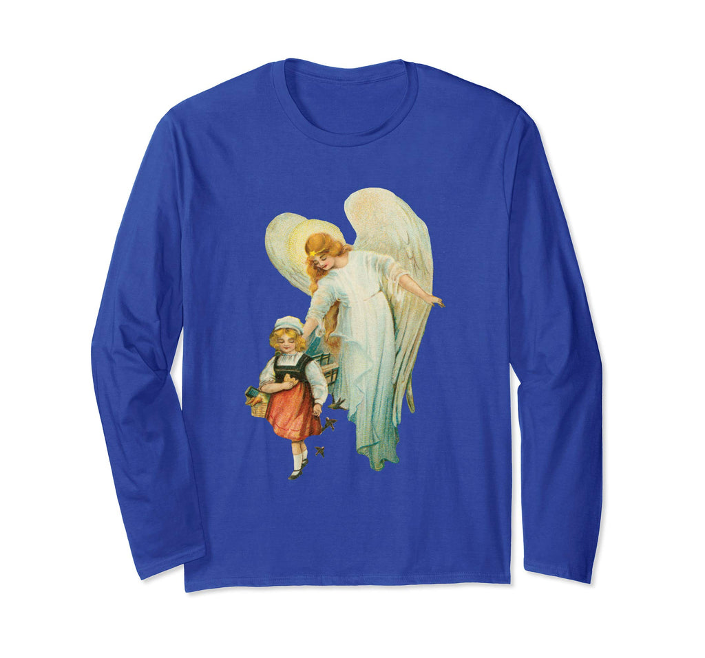 Unisex Long Sleeve T-Shirt Guardian Angel with Girl Royal Blue