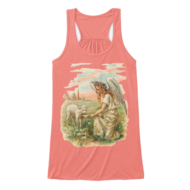 Womens Flowy Tank Top with Antique Angel Feeding a Lamb Coral Front