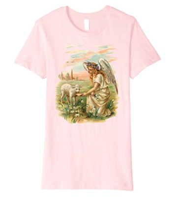 Womens Cotton Tee Premium T-shirt Gift for Mom Angel Feeding a Lamb Pink
