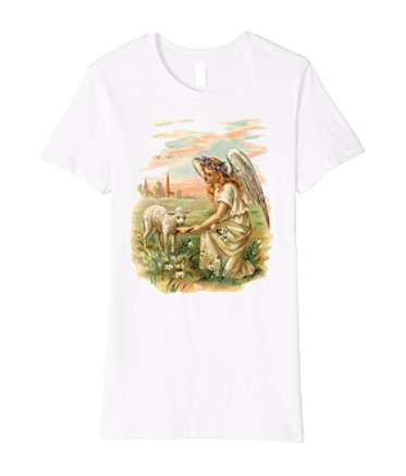 Womens Cotton Tee Premium T-shirt Gift for Mom Angel Feeding a Lamb White