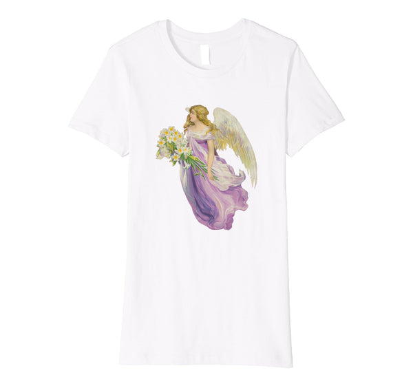 Womens Cotton Tee T-Shirt Gift for Mom with Angel and Lilies Art Print