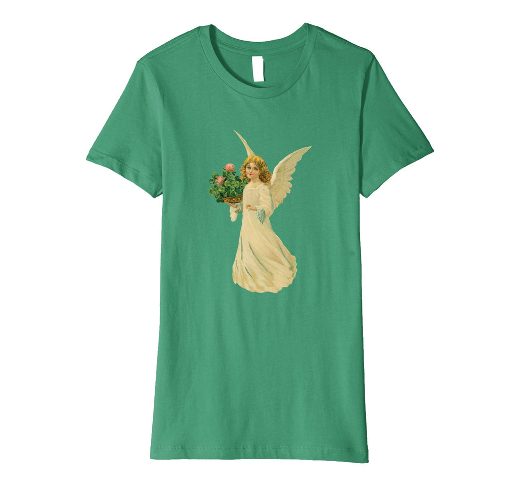 Womens Cotton Tee T-shirt Gift for Mom with Angel and Clover Art Green