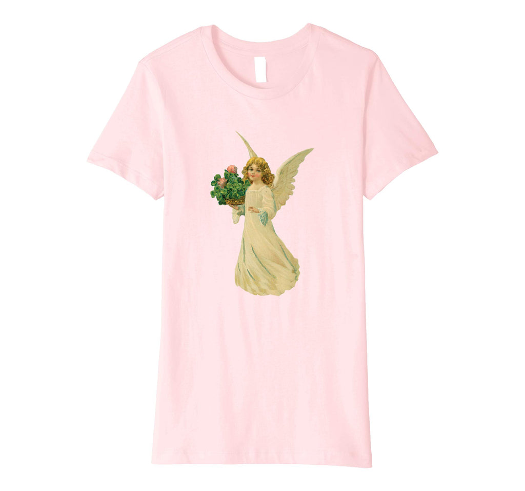 Womens Cotton Tee T-shirt Gift for Mom with Angel and Clover Art Pink