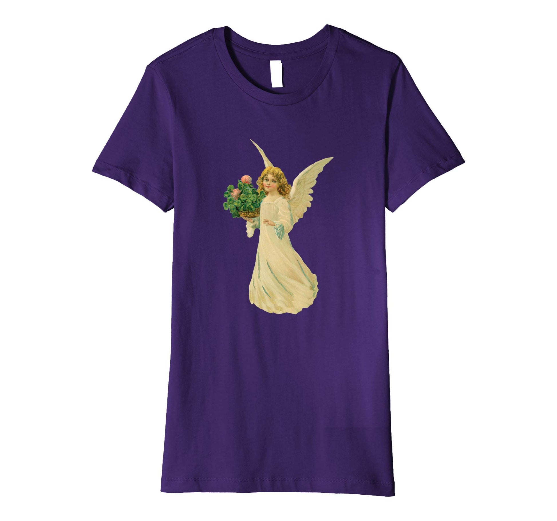 Womens Cotton Tee T-shirt Gift for Mom with Angel and Clover Art Purple