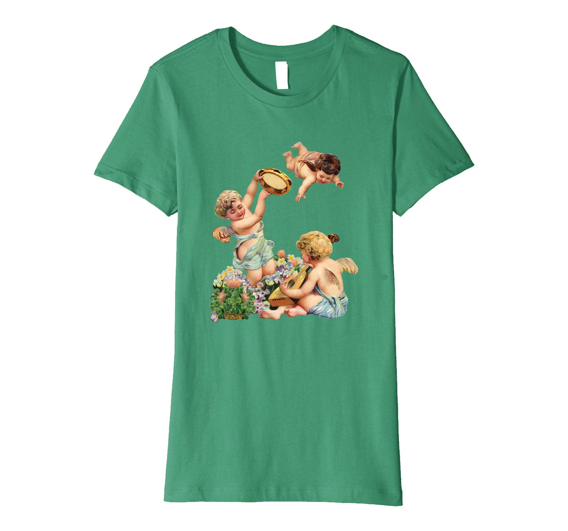 Womens Cotton Tee T-shirt Gift for Mom with Cherubs Playing Music Art Green