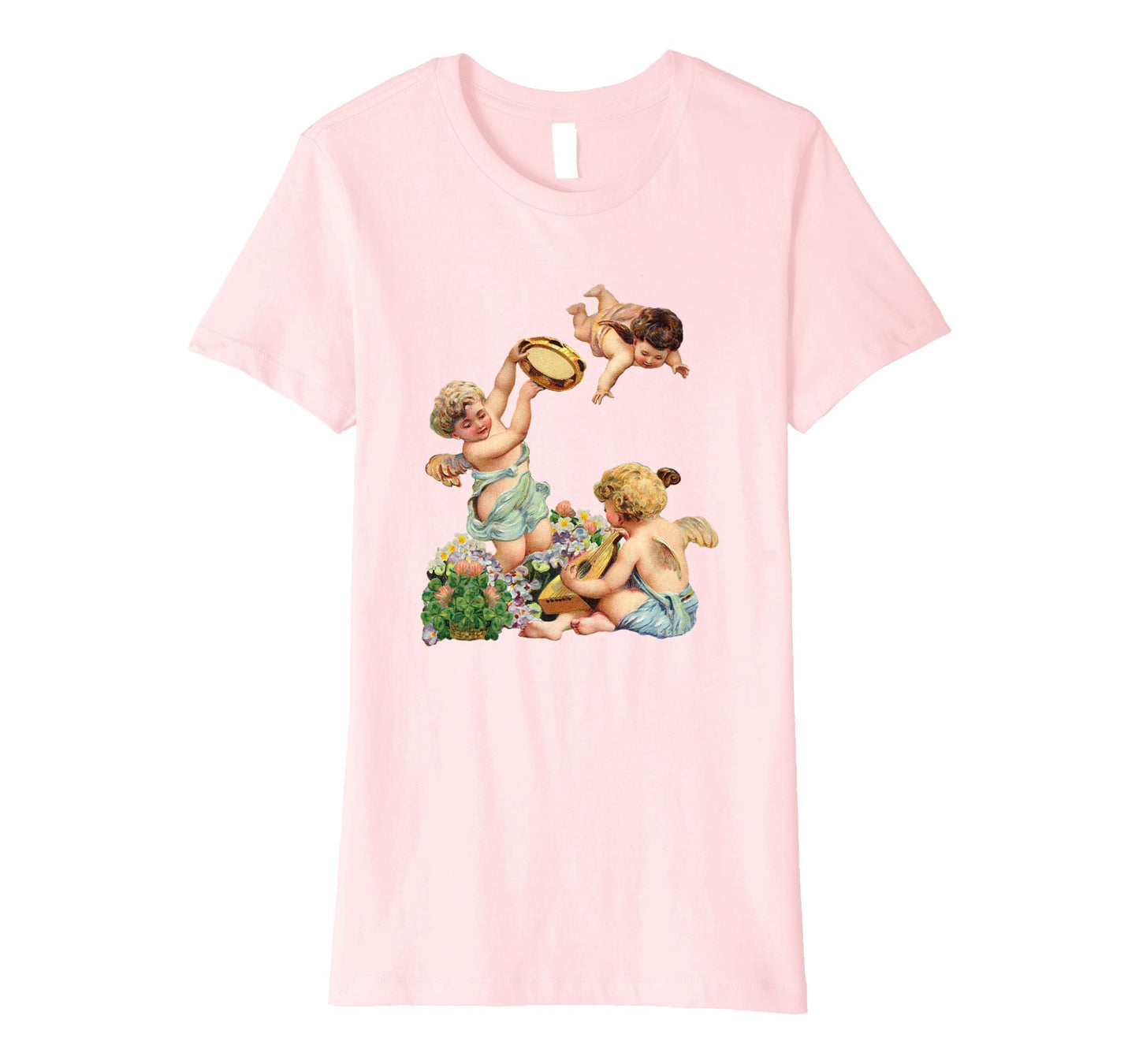 Womens Cotton Tee T-shirt Gift for Mom with Cherubs Playing Music Art Pink