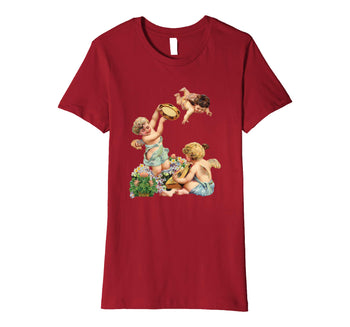 Womens Cotton Tee T-shirt Gift for Mom with Cherubs Playing Music Art Red